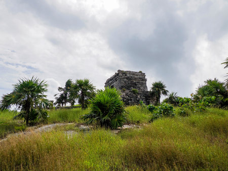 Temple of the god of the wind Tulum maya historical archaeological site ruins yucatan mexicoの写真素材