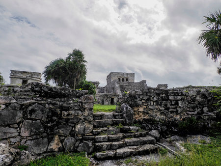 The Temple of descending god in Tulum maya historical archaeological site ruins yucatan mexicoの写真素材
