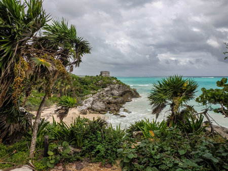 Temple of the god of the wind Tulum maya historical archaeological site ruins yucatan mexicoの写真素材