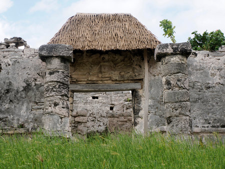 The Temple of the Frescos Tulum maya historical archaeological site ruins yucatan mexicoの写真素材