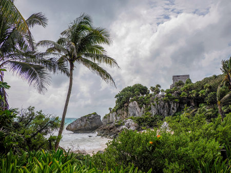 Temple of the god of the wind Tulum maya historical archaeological site ruins yucatan mexicoの写真素材