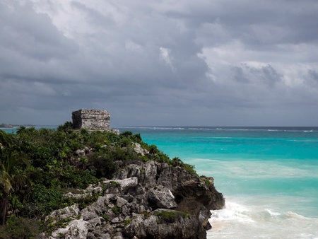 Temple of the god of the wind Tulum maya historical archaeological site ruins yucatan mexicoの写真素材