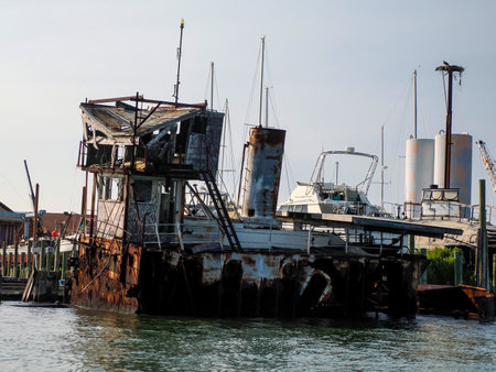old abandoned rusted ship in harbor port of greenport long island new york viewの写真素材