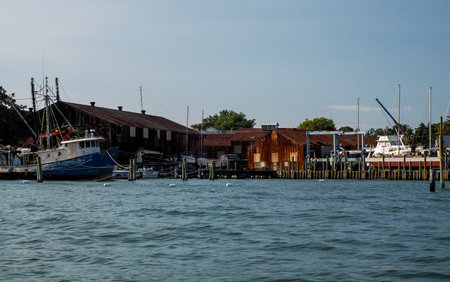 greenport harbor fishing boat long island new york panoramaの写真素材