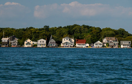 greenport long island new york panorama from boat while sailing landscapeの写真素材