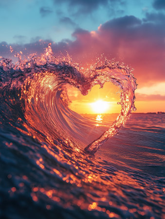 A pink and yellow sunset with the sun setting behind an ocean wave that is shaped like a heartの素材