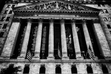 old style black and white photo of stock exchange building in new york detailの写真素材