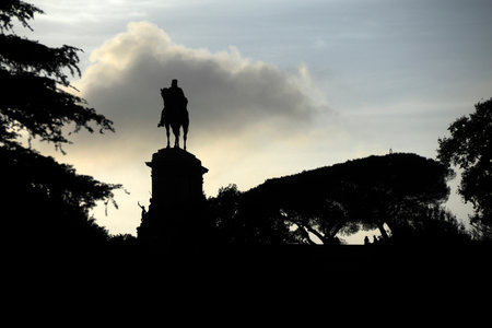 the garibaldi sculpture rome silhouette at sunsetの写真素材