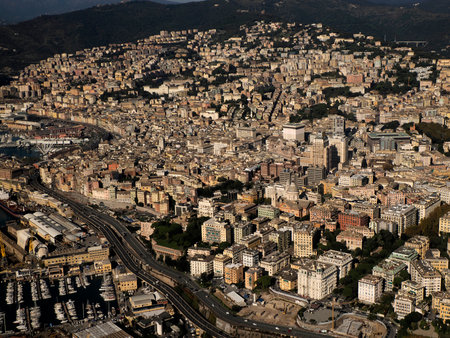Genoa town Aerial view cityscape from airplaneの写真素材