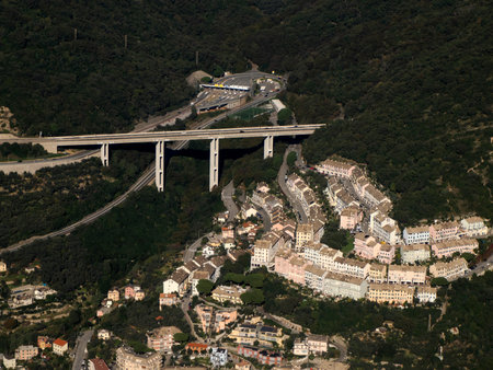 Nervi district highway Genoa town Aerial view cityscape from airplaneの写真素材