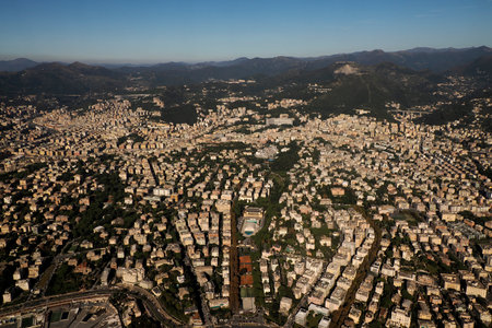 Genoa town Aerial view cityscape from airplaneの写真素材