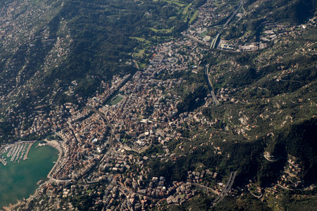 Rapallo Village near Genoa Aerial view cityscape from airplane panoramaの写真素材