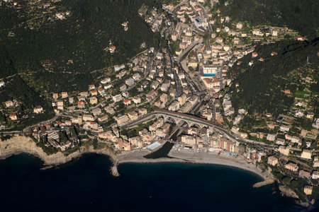 Bogliasco Village near Genoa Aerial view cityscape from airplane panoramaの写真素材