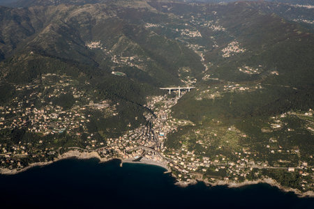Bogliasco Village near Genoa Aerial view cityscape from airplane panoramaの写真素材