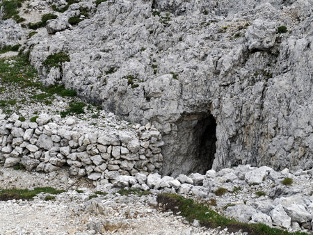 A first world war mountain foxhole in Dolomites, Italyの写真素材