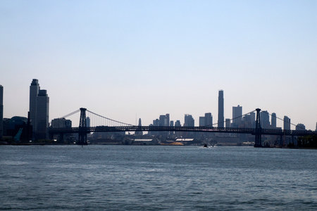 Williamsburg bridge new york manhattan view from East river boat cruiseの写真素材
