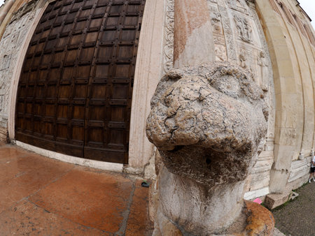 The San Zeno Basilica Church in Verona Italy, detail of exterior sculptures and bas reliefの写真素材