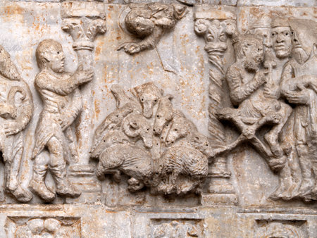 The San Zeno Basilica Church in Verona Italy, detail of exterior sculptures and bas reliefの写真素材
