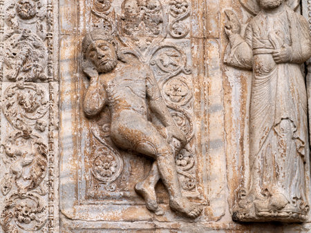 The San Zeno Basilica Church in Verona Italy, detail of exterior sculptures and bas reliefの写真素材