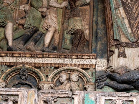 The San Zeno Basilica Church in Verona Italy, detail of exterior sculptures and bas reliefの写真素材