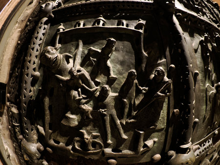 The San Zeno Basilica Church in Verona Italy, detail of exterior Iron door sculptures and bas reliefの写真素材
