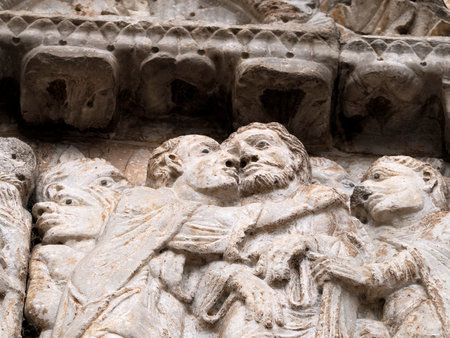 The San Zeno Basilica Church in Verona Italy, detail of exterior sculptures and bas reliefの写真素材