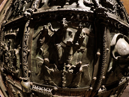The San Zeno Basilica Church in Verona Italy, detail of exterior Iron door sculptures and bas reliefの写真素材