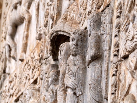 The San Zeno Basilica Church in Verona Italy, detail of exterior sculptures and bas reliefの写真素材