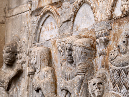 The San Zeno Basilica Church in Verona Italy, detail of exterior sculptures and bas reliefの写真素材
