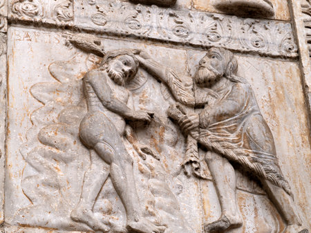 The San Zeno Basilica Church in Verona Italy, detail of exterior sculptures and bas reliefの写真素材