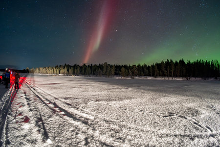 Snowmobile expedition Aurora Wonderful Northern Lights in Lapland Inari Nellin Lake forestの写真素材