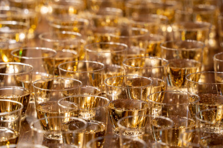 many champagne glasses for celebration party detailの写真素材