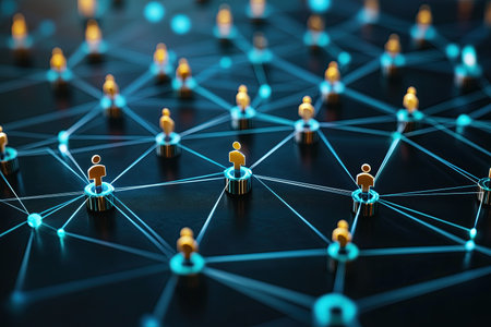 An abstract illustration of glowing interconnected nodes representing teamwork and technology, with sharp geometric lines and gradient hues of blue and green.の素材