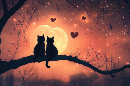 Moonlit Love Two cats in love sitting on a tree branch, with a heart-shaped moon shining brightly in a starry sky, surrounded by pink glowing clouds and sparkling little hearts.の素材