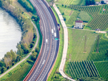Brennero highway near Trento town aerial view landscape panoramaの写真素材