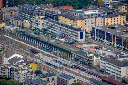 Railway station Trento town Aerial View from Sardagna cable carの写真素材