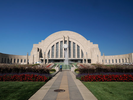 Cincinnati Ohio historical train station art deco museum exterior view fountain detailの写真素材