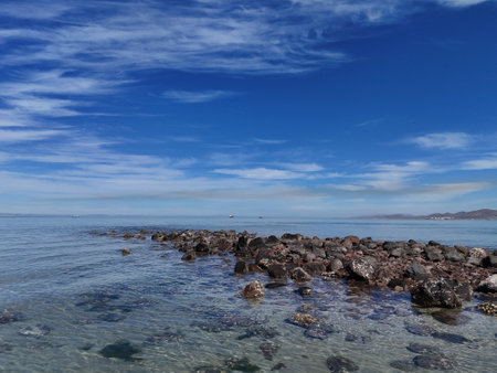 sandy beach in front of malecon in La Paz city, bcs, baja california sur mexico, aerial panorama drone shotの写真素材