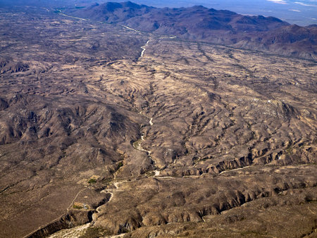 The baja california sur valley and mountains near la paz aerial view from airplaneの写真素材