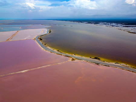 las coloradas pink salines drone aerial view panorama landscape yucatan mexicoの写真素材