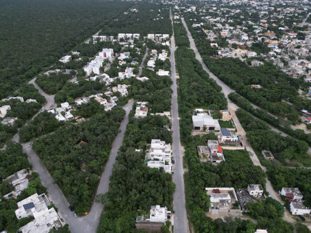town of tulum aerial cityscape with drone yucatan mexicoの写真素材