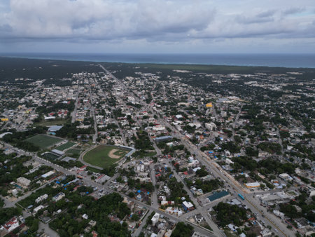 town of tulum aerial cityscape with drone yucatan mexicoの写真素材