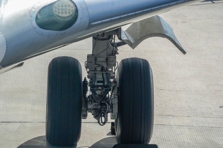 jet airplane detail of landing gearの写真素材