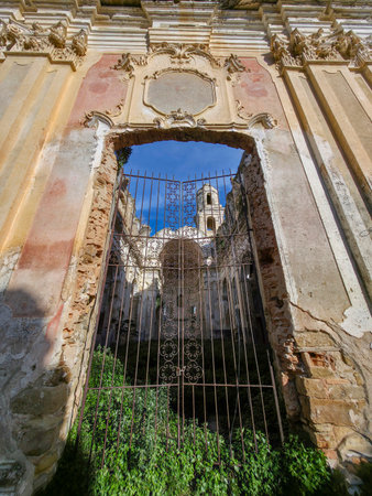 An old church without roof Bussana Vecchia artist retreat medieval village destroyed by earthquake in 1887 now tourist landmark out of timeの写真素材