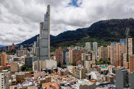 Aerial view from a skyscraper of the Candelaria historic downtown district, Bogota colombia