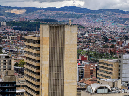 Aerial view from a skyscraper of the Candelaria historic downtown district, Bogota colombiaの写真素材