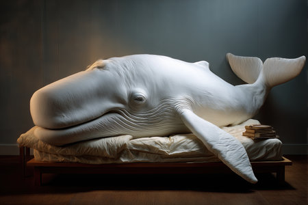 Perfect white whale sleeping like a human on a bed, playful, humorous, imaginative, detailed -illustrationの素材