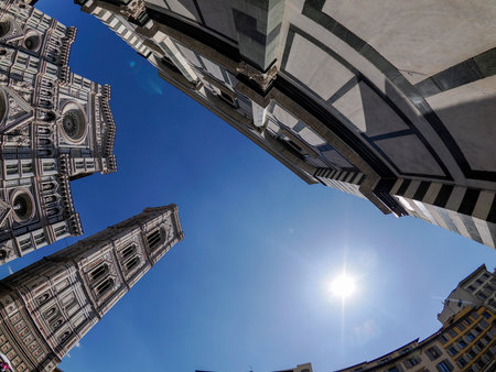 A Florence dome cathedral exterior detail fisheye down to up 360 degrees unusual viewの写真素材