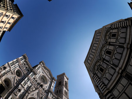 A Florence dome cathedral exterior detail fisheye down to up 360 degrees unusual viewの写真素材