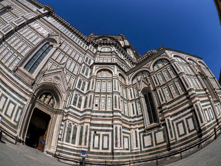 A Florence dome cathedral exterior detail fisheye down to up 360 degrees unusual viewの写真素材